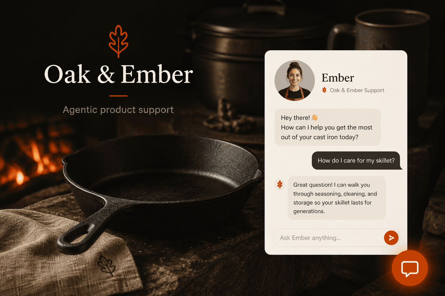 Oak & Ember cast-iron shop with AI support marketing visual